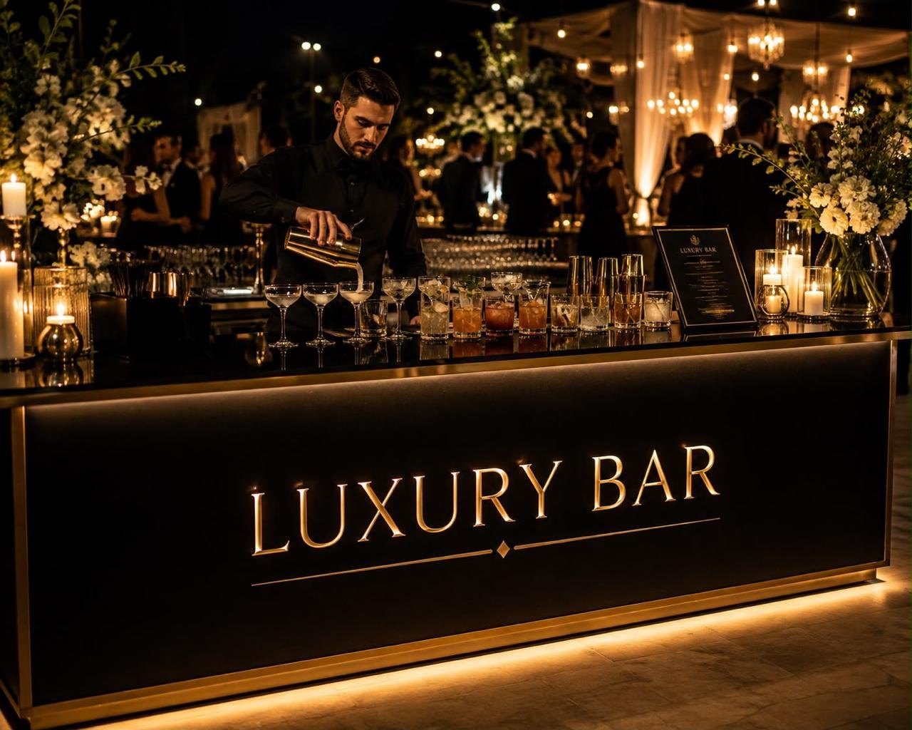 Barra Luxury Bar montada en un evento, con bartender preparando coctelería